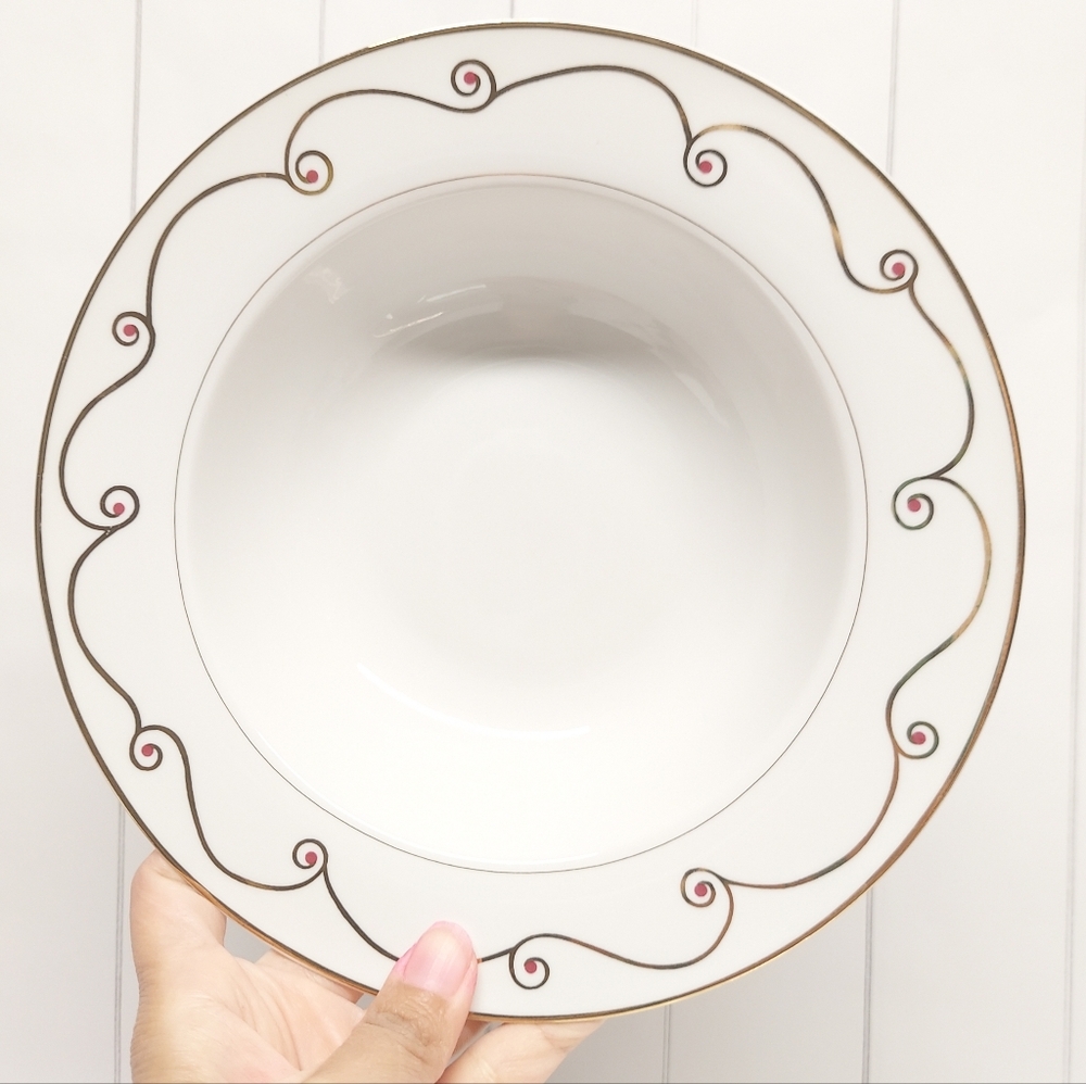 Pier 1 Holiday Scroll Gold Rimmed Porcelain Soup Plates Set of 2